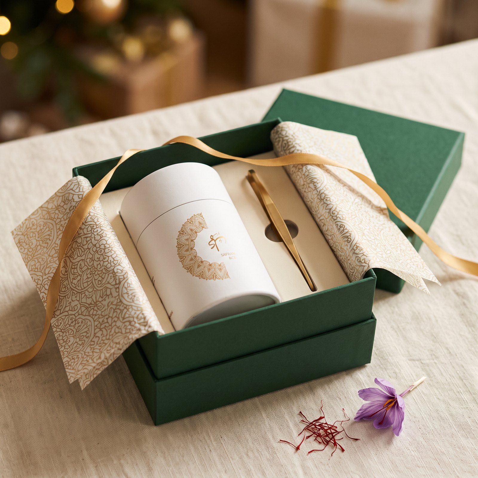 Coffret cadeau vert sapin : l’étui blanc et or Safran & Cie et sa pince dorée sur papier ciselé