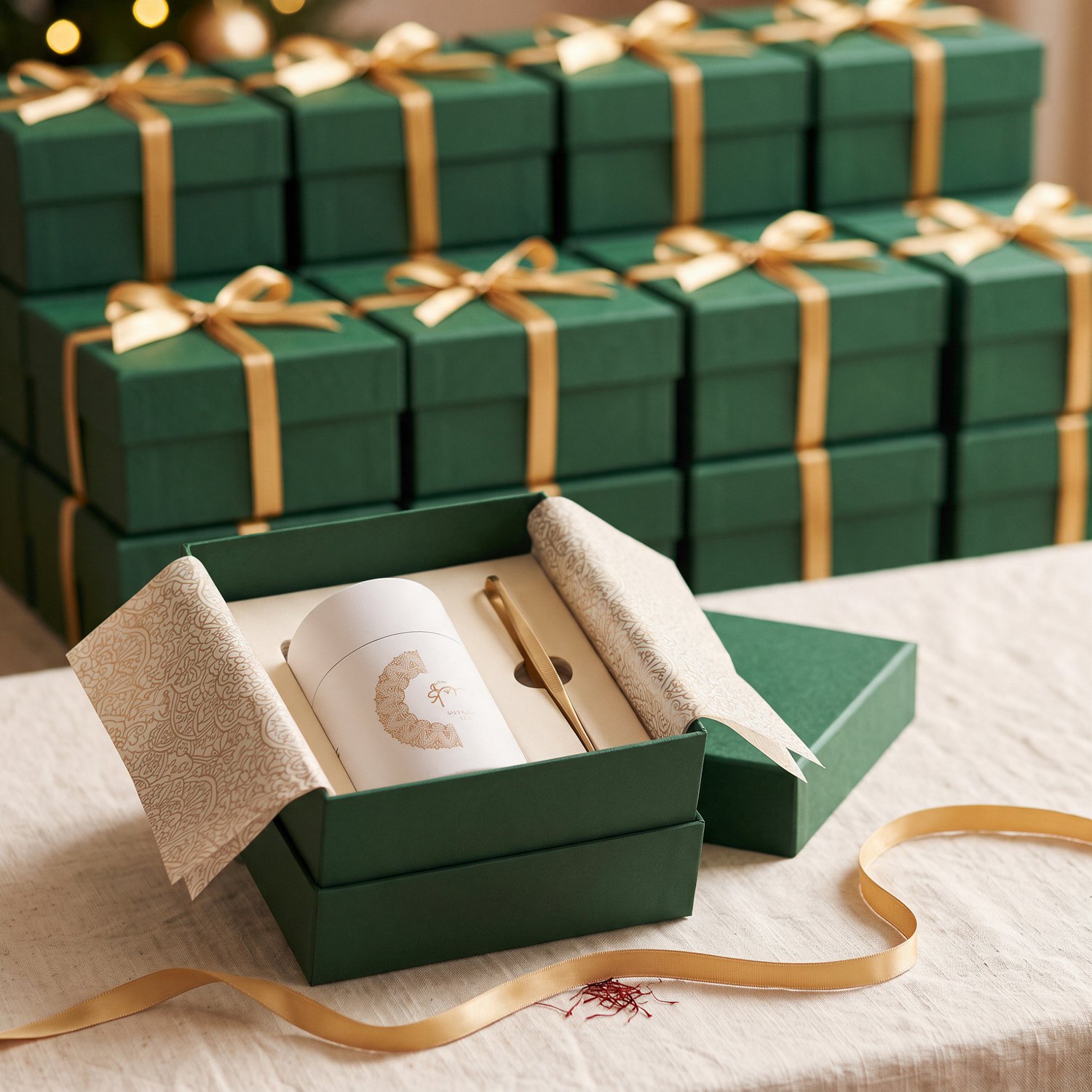 Un coffret cadeau Safran & Cie ouvert devant une rangée de coffrets verts fermés