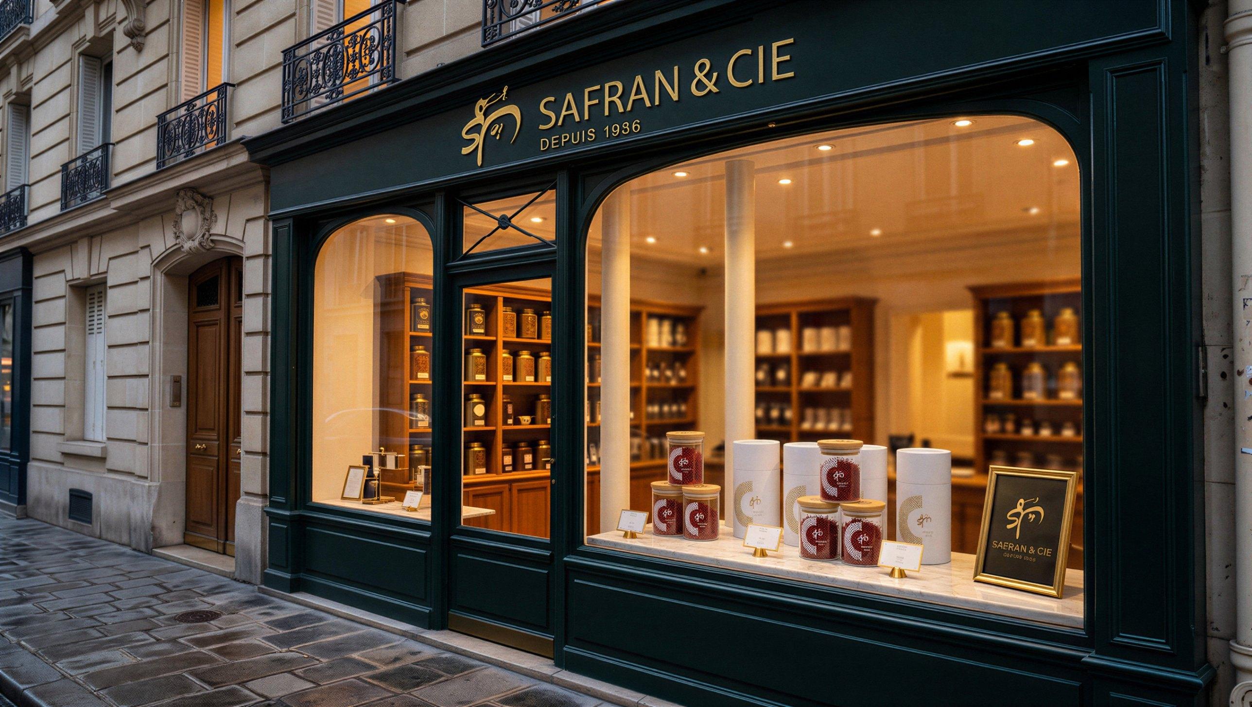 Devanture d’une maison de thé parisienne aux couleurs Safran & Cie, pots et étuis en vitrine