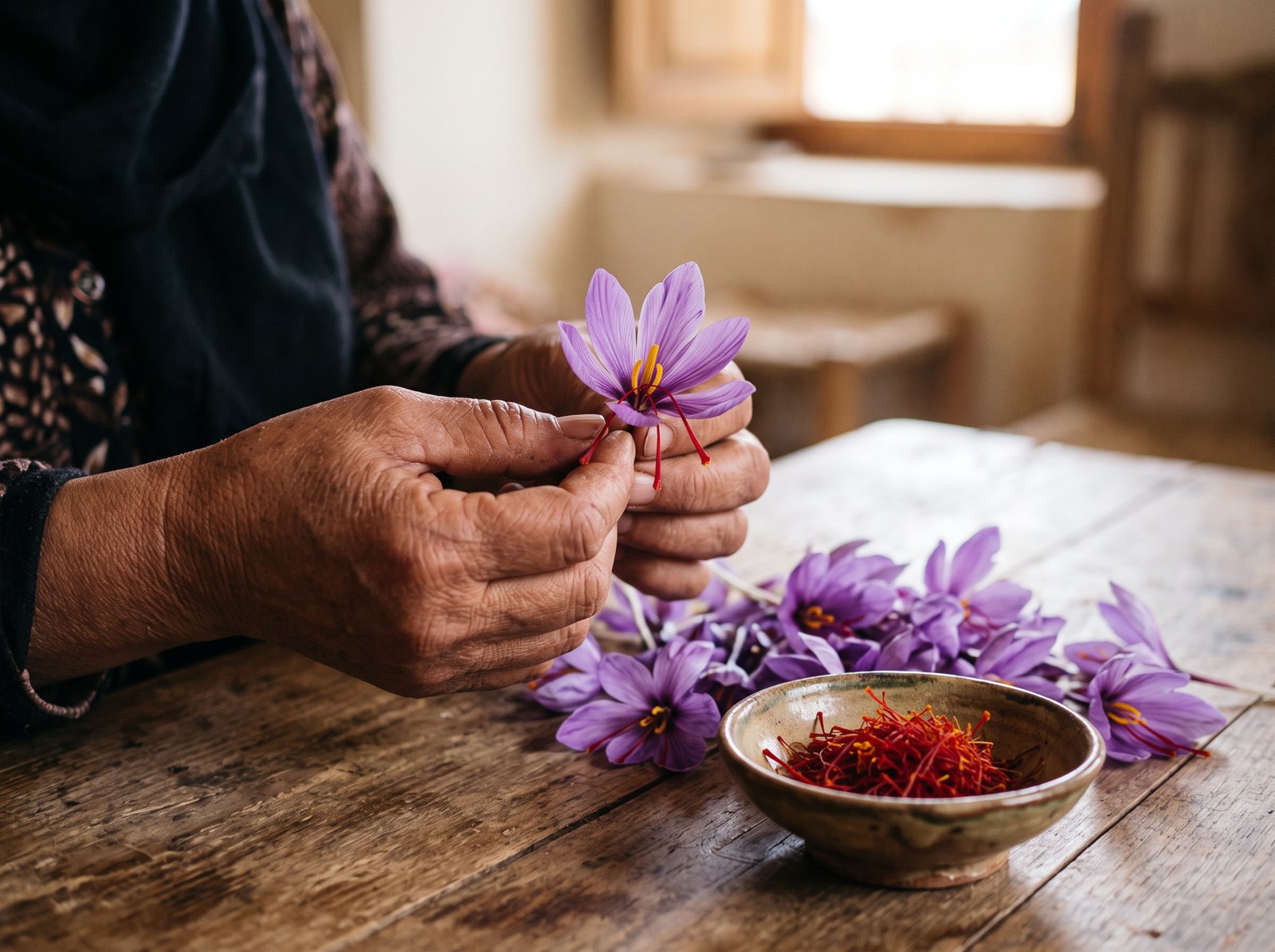 Mains d’une cueilleuse séparant les trois pistils rouges d’une fleur de crocus