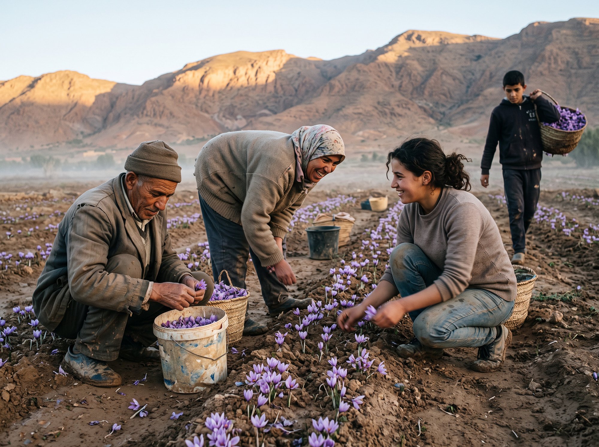 Une famille de récoltants cueille les fleurs de safran à l’aube, au pied des montagnes de Taliouine
