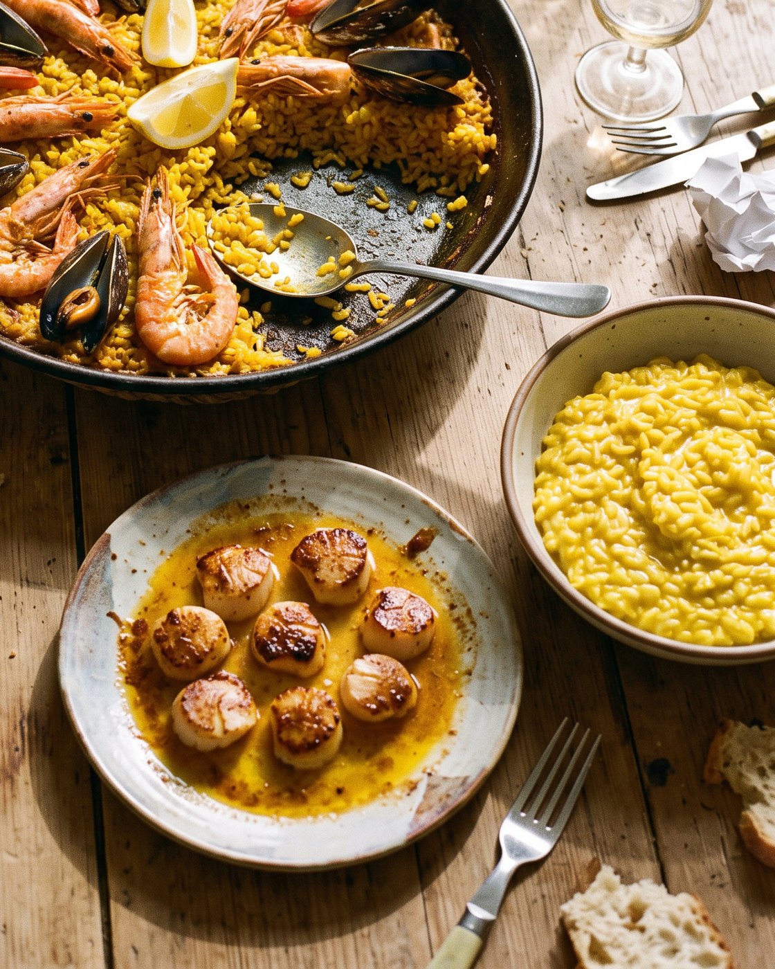 Paella aux fruits de mer, Saint-Jacques au beurre safrané et risotto au safran