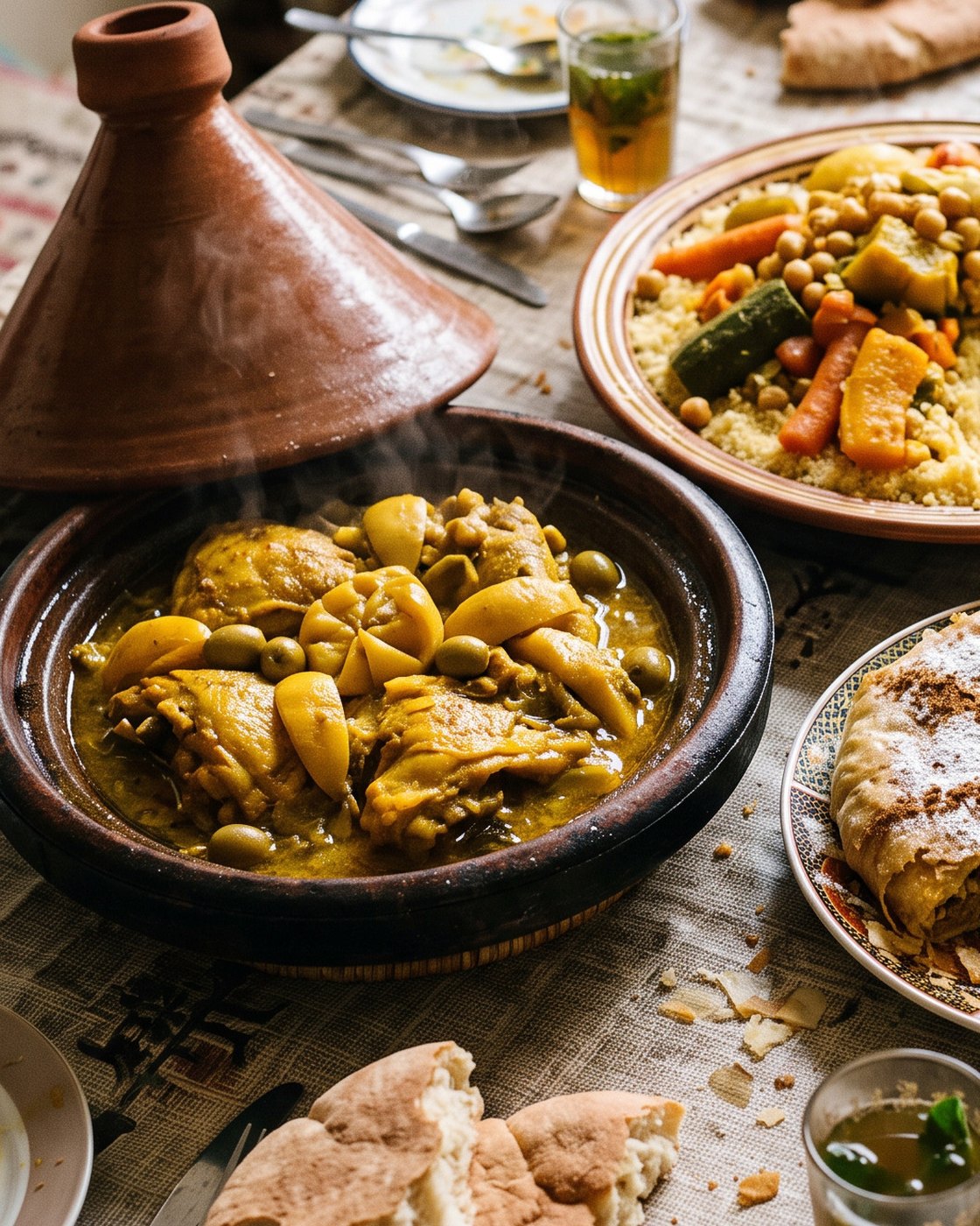 Table marocaine avec tajine de poulet au safran, couscous aux légumes et pastilla