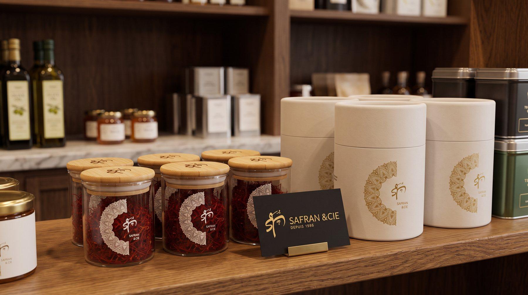 Pots de safran Safran & Cie sur l’étagère d’une épicerie fine
