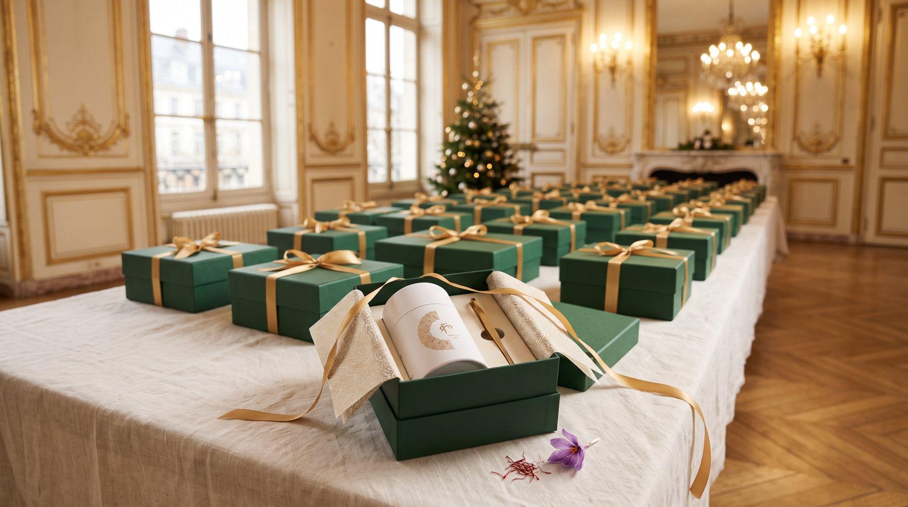 Coffrets Safran & Cie préparés pour les colis des aînés dans une salle d’honneur de mairie