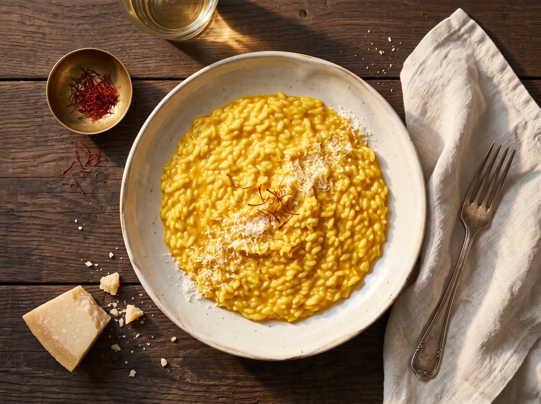 Assiette de risotto alla milanese au safran, parmesan et pistils de safran